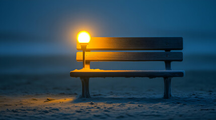Illuminated solitude: Bench under warm light amidst the winter's quiet embrace