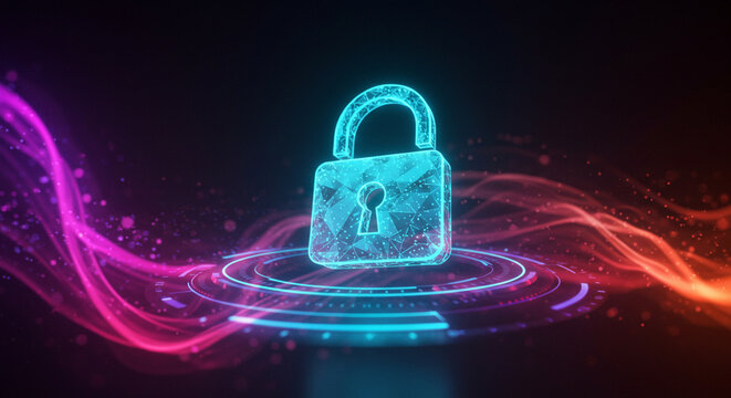 Fundo escuro com um cadeado digital feito de luzes ou part&iacute;culas, representando seguran&ccedil;a digital.