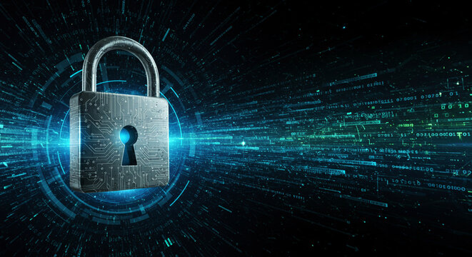 Fundo escuro com um cadeado digital feito de luzes ou part&iacute;culas, representando seguran&ccedil;a digital.