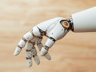 Robotic hand reaching with wood background.