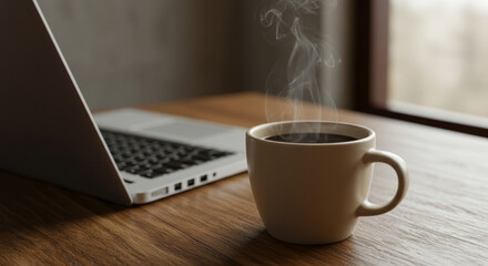 Copo de caf&eacute; quente em primeiro plano, com notebook levemente desfocado ao fundo em mesa de madeira.