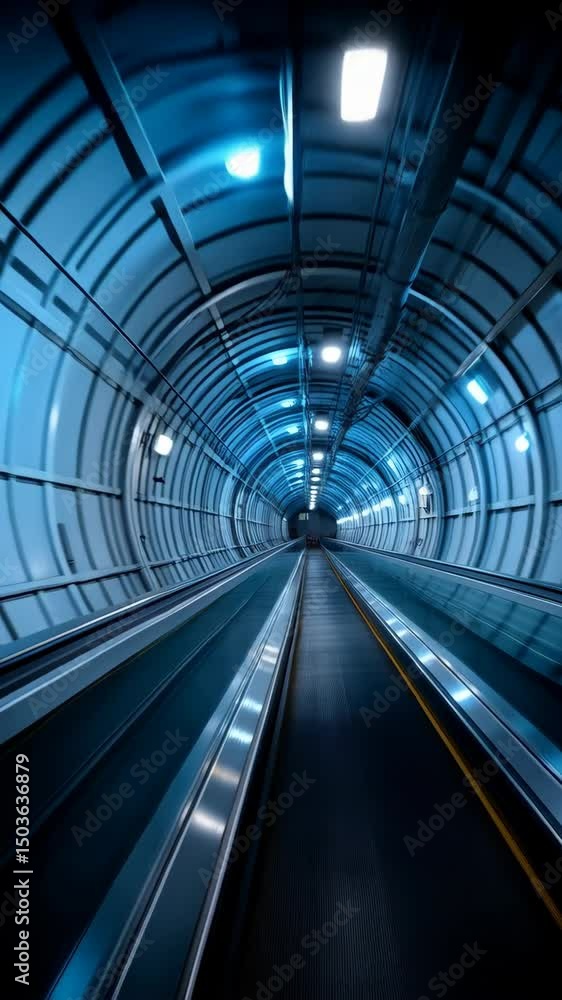 Poster long illuminated walkway with parallel moving walkways and a curved ceiling with lights