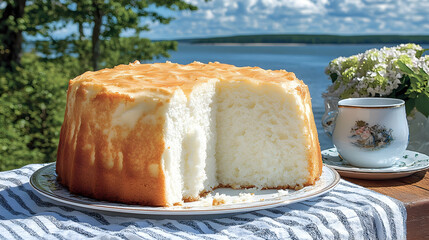 Delicious angel food cake served outdoors against a picturesque lake backdrop