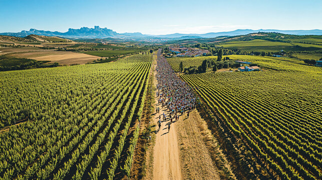 Aerial view of the Batalla del Vino festival in Haro, La Rioja, showing thousands of participants in a wine battle across rolling vineyards and open countryside.