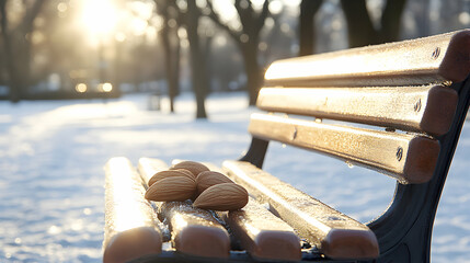 Obraz premium Winter solitude: Almonds rest on frosty bench amidst serene snowy landscape