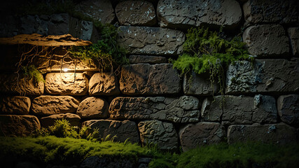 Illuminated Stone Wall with Moss Nighttime Garden Scene, Rustic Texture,  Ancient Masonry, Atmospheric Lighting, Nature Photography