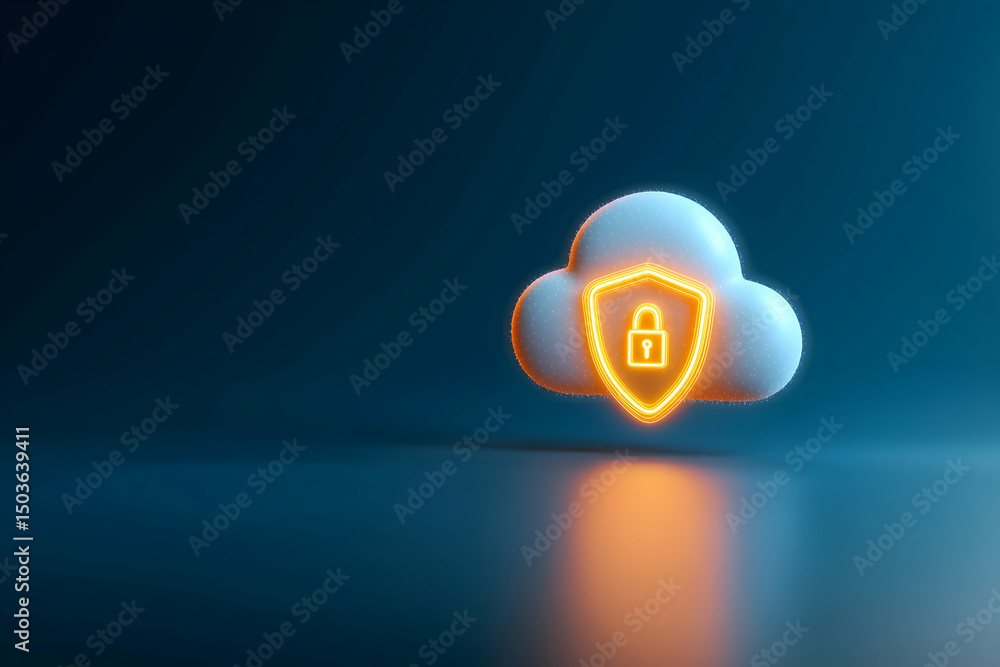 Poster a glowing cloud with a security shield and lock icon, representing cloud data protection and cyberse