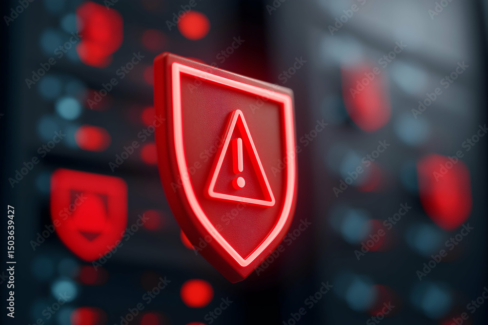 Poster a glowing red shield with an exclamation mark indicates a security alert or warning in a digital env
