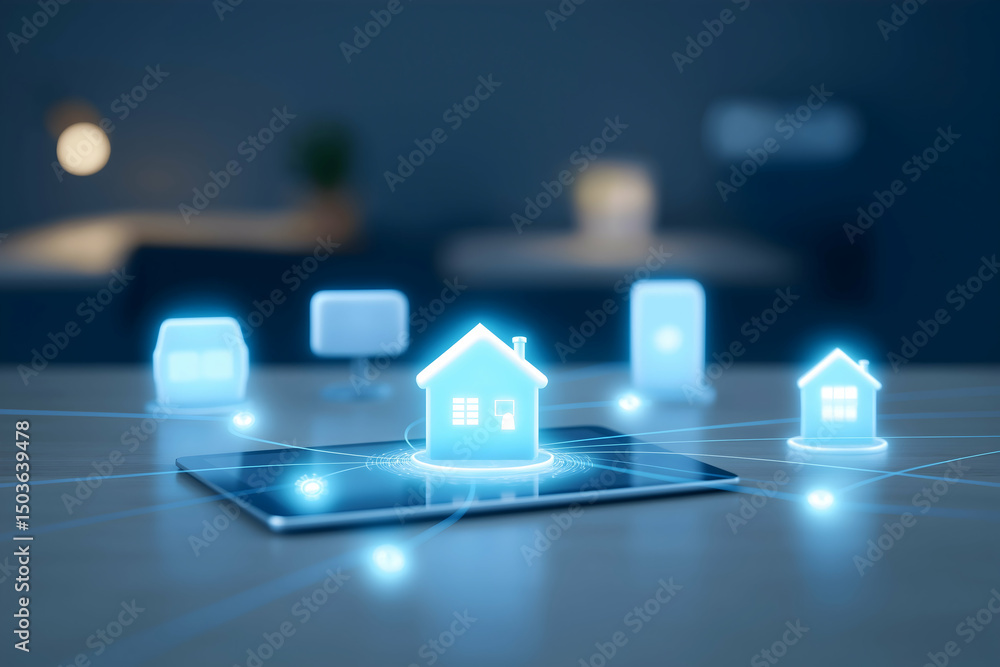 Poster a digital tablet displays glowing smart home icons connected by virtual lines, symbolizing home auto