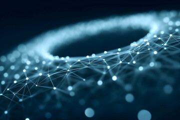 Abstract digital network of glowing points and lines forming a futuristic circular pattern on a dark background.