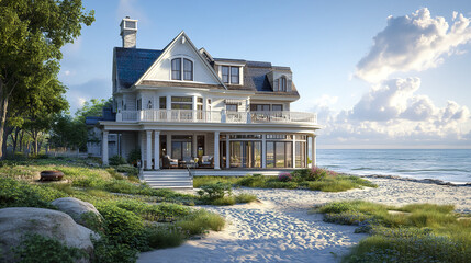 Obraz premium beautiful oceanfront property with spacious deck and stunning views of sea