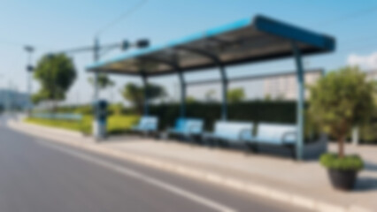 Obraz premium blurry bus stop, interior of a bus stop on the side of the road with plants around it, bright blue sky, blurry bus stop background, blurry wallpaper.