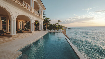 Luxurious oceanfront property with stunning pool and beautiful sunset view