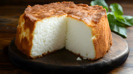 Delicate angel food cake, sliced and presented on rustic wooden board backdrop