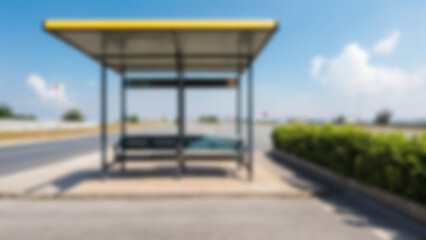 blurry bus stop, interior of a bus stop on the side of the road with plants around it, bright blue sky, blurry bus stop background, blurry wallpaper.