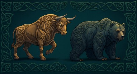 Fototapeta premium Celtic Knotwork Bull and Bear: A Mystical Artwork