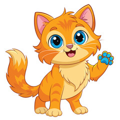 A fluffy orange kitten with wide blue eyes stands on its hind legs with a paw raised and its mouth open
 with white background
