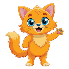 A fluffy orange kitten with wide blue eyes stands on its hind legs with a paw raised and its mouth open
 with white background