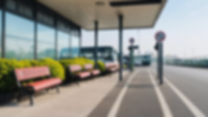 Obraz premium blurry bus stop, interior of a bus stop on the side of the road with plants around it, bright blue sky, blurry bus stop background, blurry wallpaper.