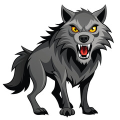 A gray wolf with bared teeth and piercing yellow eyes stands growling
 with white background