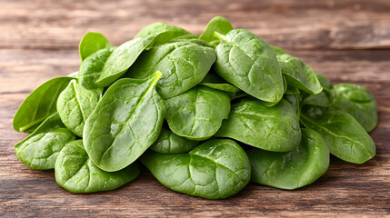 Freshly harvested spinach leaves on a rustic wooden surface waiting to be cooked