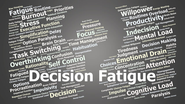Decision Fatigue Word Cloud. Mental exhaustion and self-control loss from daily choices.