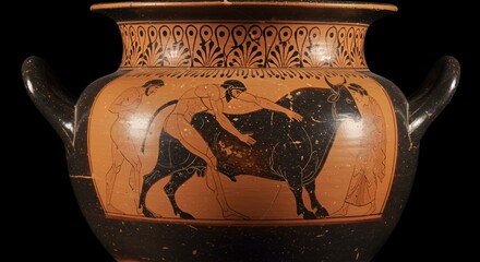 Ancient Greek Black-Figure Krater Depicting a Bull-Leaping Scene