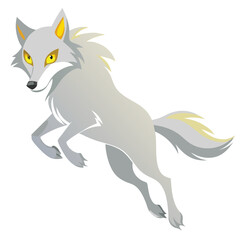 A light-colored wolf with yellow eyes is captured mid-leap with white background