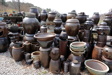Korean traditional earthenware on display at a pottery store