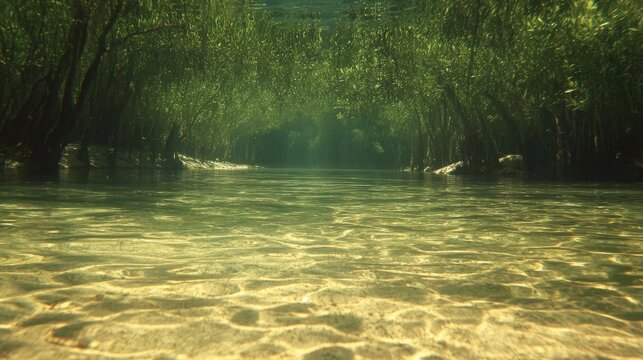 Crystal-clear riverbed with lush vegetation.