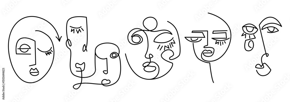 Poster abstract face one line drawing set. modern trendy continuous line art abstract face collection. mini