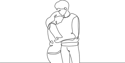 Happy Couple Hugs Continuous One Line Drawing. Minimalistic Linear Illustration of Woman and Man Hugs. One Line Vector Drawing for Modern Design.