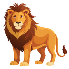 A majestic male lion with a golden and dark brown mane stands proudly, looking off to the side
 with white background