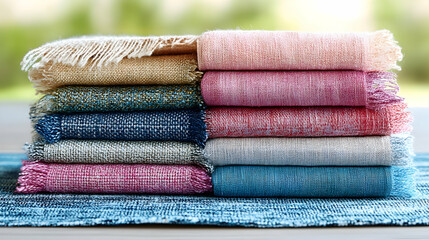 Softly folded throws creating a balanced and colorful textile arrangement