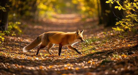 The fox walking through an autumn forest