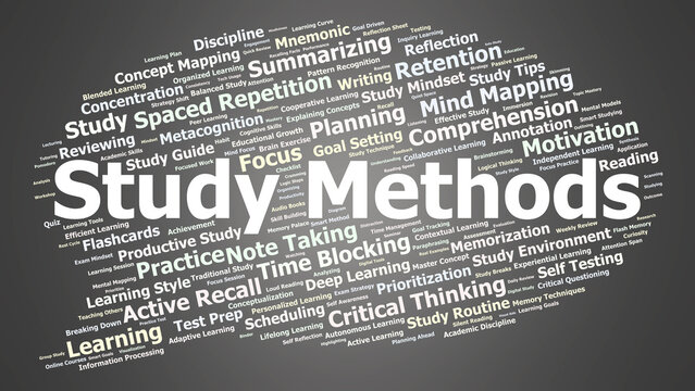 Study Methods Word Cloud. Learning strategies and effective study techniques visualized.