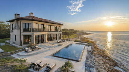 Fototapeta premium Luxurious oceanfront property with stunning sunset view and serene surroundings