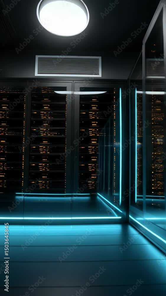 Poster close-up on illuminated server racks in a modern data center showcasing technology and information s