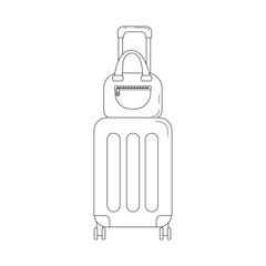 Outline illustration of a travel suitcase with a handbag on top. Great for vacation, journey, airport, or packing themes.