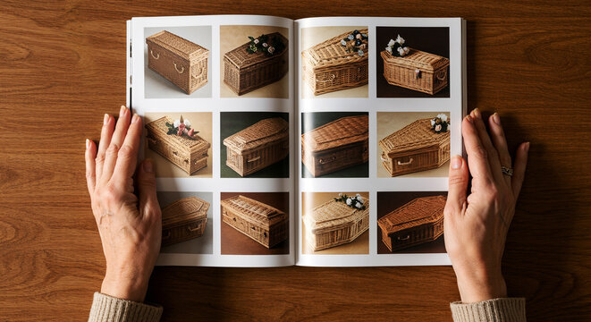 Funeral home brochure with various casket models.  Brochure in wrinkled hands shows different casket styles and materials. 