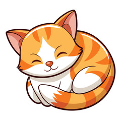 A small, orange and white kitten sleeps peacefully curled up with white background
