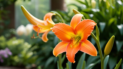Vivid orange Hemerocallis daylily growing in a landscaped garden, close-up view of the flower and foliage