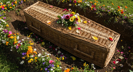Handcrafted willow coffin with uneven weaving and rough texture rests on forest clearing with fallen leaves and moss. Aerial top-down view shows handcrafted willow coffin with flowers.  