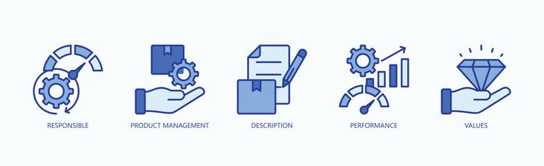 Product Integrity Icon Set Isolated Vector With Icon Of Responsible, Product Management, Description, Performance, Values In Blue Style