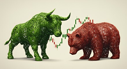 Bull and Bear Market Showdown: A 3D Conceptual Illustration of Stock Market Dynamics