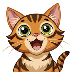 A wide-eyed tabby kitten with its mouth open in a happy expression looks upwards with white background