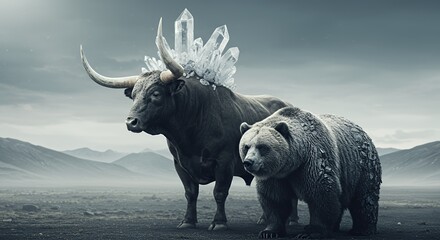 Crystalline Bull and Bear in a Misty Mountain Landscape