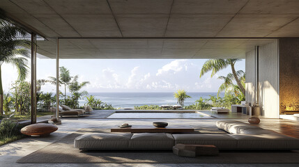 Fototapeta premium serene oceanfront property featuring modern architecture, lush greenery, and tranquil pool
