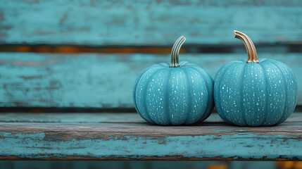 Aesthetic teal pumpkins on rustic wooden surface bringing a coastal autumn vibe