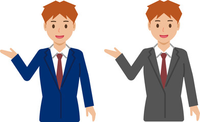 「こちらへ」と笑顔のショートヘアの若い男性。スーツ姿の上半身